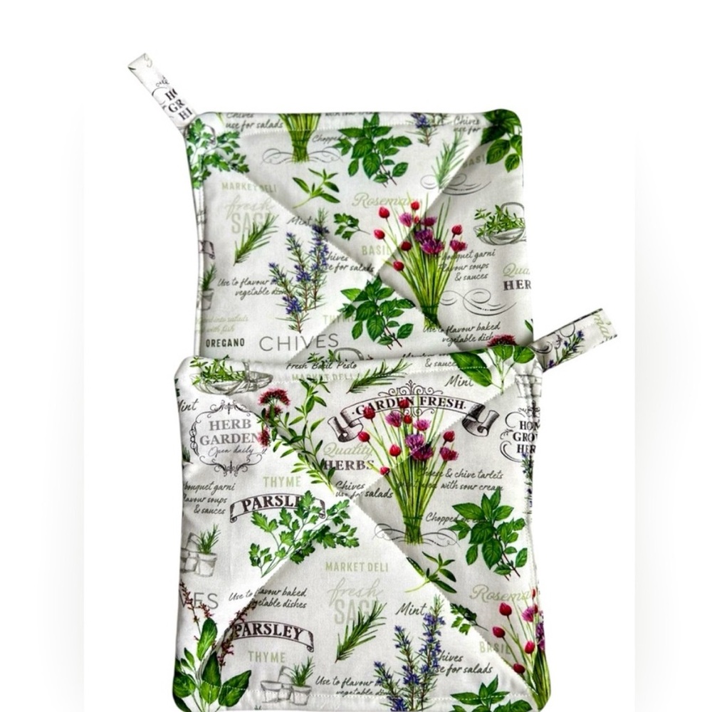 Hand Crafted Garden Herb Design Pot Holders - Green and White Hot Mat Trivet